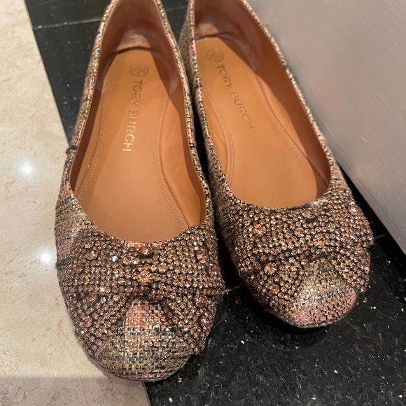 Tory Burch Shoes - Tory Burch Crystal Bow Pink Tweed Ballet Flats in Rose Gold Broze